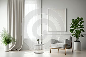 Modern minimalist interior living room with an armchair on white wall background with empty banner. Generative AI