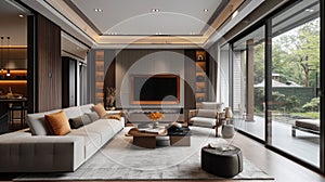 Modern minimalist interior of a luxury villa living room in natural tones. Trendy upholstered furniture, coffee table