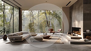 Modern minimalist interior of a luxury villa living room in natural tones. Trendy upholstered furniture, coffee table