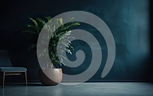 Modern minimalist interior with a plant on empty dark blue color wall background. Generative AI