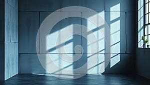 Minimalist room interior with geometric shadow patterns cast by sunlight, created as an AI-generated image