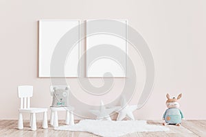 Modern minimalist, kid`s room, empty frame mock up interior in pastel colors