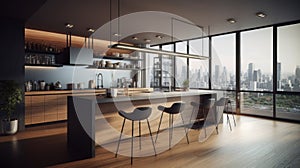 Modern minimalist kitchen with breakfast bar in urban luxury apartment. Wooden facades, wooden floor, wooden bar counter