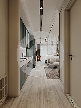 Modern minimalist kitchen with gray and white kitchen fronts and terrazzo backsplash