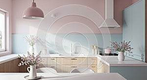 Modern Minimalist Kitchen Interior Design with Pink and Blue Accents