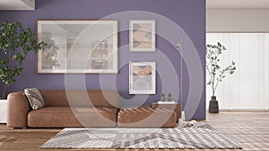 Modern minimalist liliac and wooden living room in contemporary apartment with parquet. Brown leather sofa with pillow, capet,