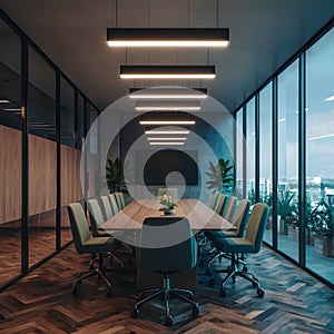 Modern minimalist lit conference room, interior of office