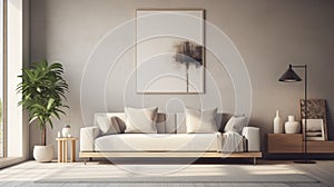 Modern minimalist living room with a comfortable sofa, abstract wall art, indoor plant
