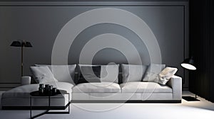 Modern minimalist living room. Gray empty walls, large corner sofa, round coffee table, floor lamps, white floor. Mockup