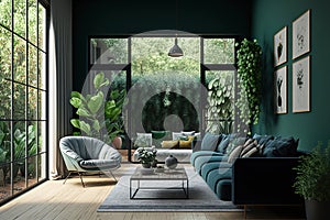 Modern minimalist living room in greenery with huge windows overlooking the garden. Generative AI