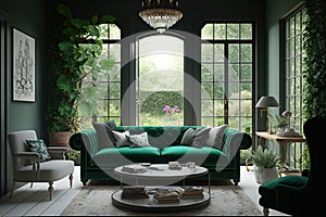 Modern minimalist living room in greenery with huge windows overlooking the garden. Generative AI