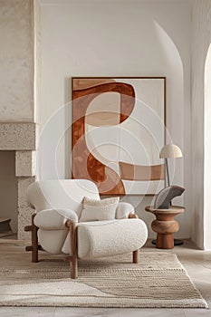 Modern minimalist living room interior with arches and abstract art
