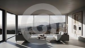 Modern Living Room Interior with Mountain View, Minimalist Design