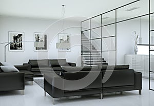 Modern minimalist living room interior in loft design style with sofas