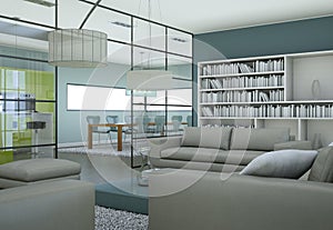 Modern minimalist living room interior in loft design style with sofas