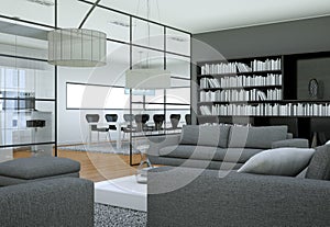 Modern minimalist living room interior in loft design style with sofas