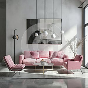 Modern minimalist living room interior with pink upholstered furniture. Grey walls and floor, Comfortable sofa with