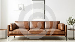 Modern minimalist living room with stylish tan leather sofa