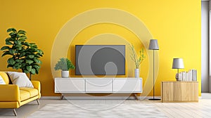 Modern minimalist living room with TV, yellow wall, yellow sofa, yellow wall