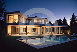 Modern Minimalist Luxury Home at Twilight: AI-Generated Architectural Beauty photo