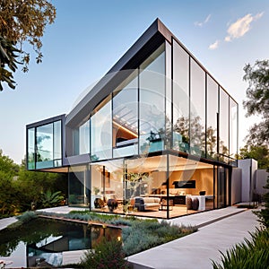 Modern minimalist metal and glass stack-cube house.Illuminated villa with terrace and pool. Created with generative Ai