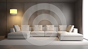 Modern minimalist monochrome living room. Grey concrete wall, large corner sofa, light grey carpet, floor lamp, large