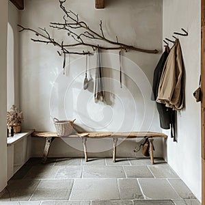 Modern minimalist mudroom with natural wood bench and stone tiles