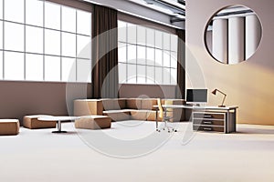 Modern minimalist office interior with large windows and contemporary furniture. 3D Rendering photo