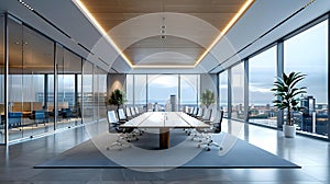 Modern Minimalist Office for Private Meetings, Skyline View. Concept Office Design, Private