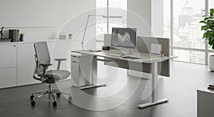 Modern minimalist office workspace with ergonomic furniture and computer setup