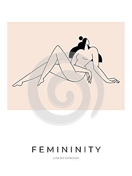 Modern minimalist poster. Nude woman silhouette, abstract pose, female body, feminine figure graphic. Contemporary