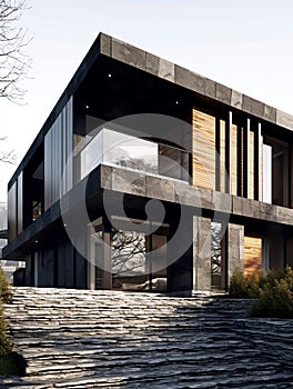 Modern minimalist private black house decorated with stone tiles cladding. Residential architecture cubic design exterior