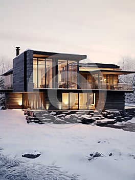 Modern minimalist private black house decorated with stone tiles mosaic cladding. Villa with big floor to ceiling panoramic