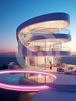 Modern minimalist round and curved shaped luxury house. Villa with terrace on sea shore at sunset