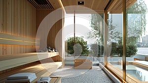 A modern minimalist sauna design featuring sleek lines and large windows bringing in natural light and a sense of