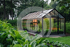 Modern, minimalist small greenhouse constructed with sleek metal frames and full length glass panels