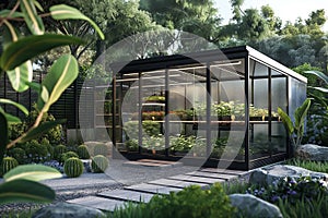 Modern, minimalist small greenhouse in sharp focus constructed with sleek metal frames and full length glass panels