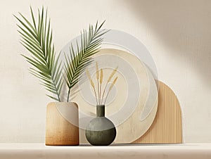 Modern Minimalist Still Life Composition with Decorative Vases and Greenery Elements