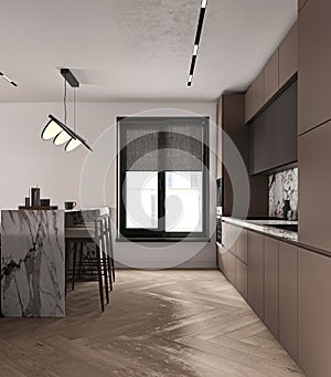 Modern minimalist style apartment kitchen interior design. Ceiling with lighting. Decoration wooden cabinet and marble