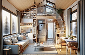 Modern Minimalist Tiny Home Interior with Loft Sleeping Area