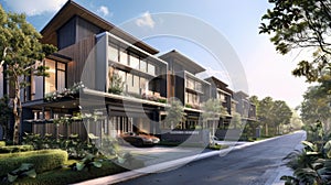 modern minimalist townhouses, featuring three stories and gable roofs, with grey bodywork accented by white trim