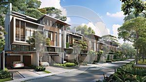 modern minimalist townhouses, featuring three stories and gable roofs, with grey bodywork accented by white trim