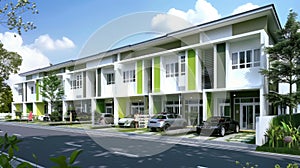 modern minimalist townhouses, featuring three stories and gable roofs, with grey bodywork accented by white trim