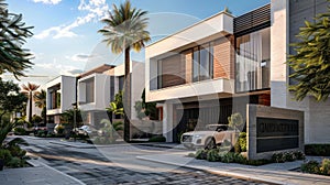 modern minimalist townhouses, featuring three stories and gable roofs, with grey bodywork accented by white trim