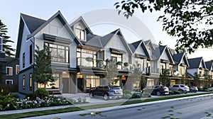 modern minimalist townhouses, featuring three stories and gable roofs, with grey bodywork accented by white trim