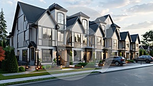 modern minimalist townhouses, featuring three stories and gable roofs, with grey bodywork accented by white trim