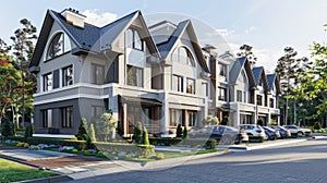 modern minimalist townhouses, featuring three stories and gable roofs, with grey bodywork accented by white trim