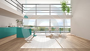 Modern minimalist turquoise colored kitchen with island, dining table, chairs, parquet, mezzanine, big panoramic windows with lake