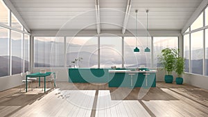 Modern minimalist turquoise colored kitchen with island and dining table with chairs, parquet, wooden roof and big panoramic