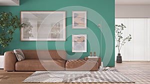 Modern minimalist turquoise and wooden living room in contemporary apartment with parquet. Brown leather sofa with pillow, capet,